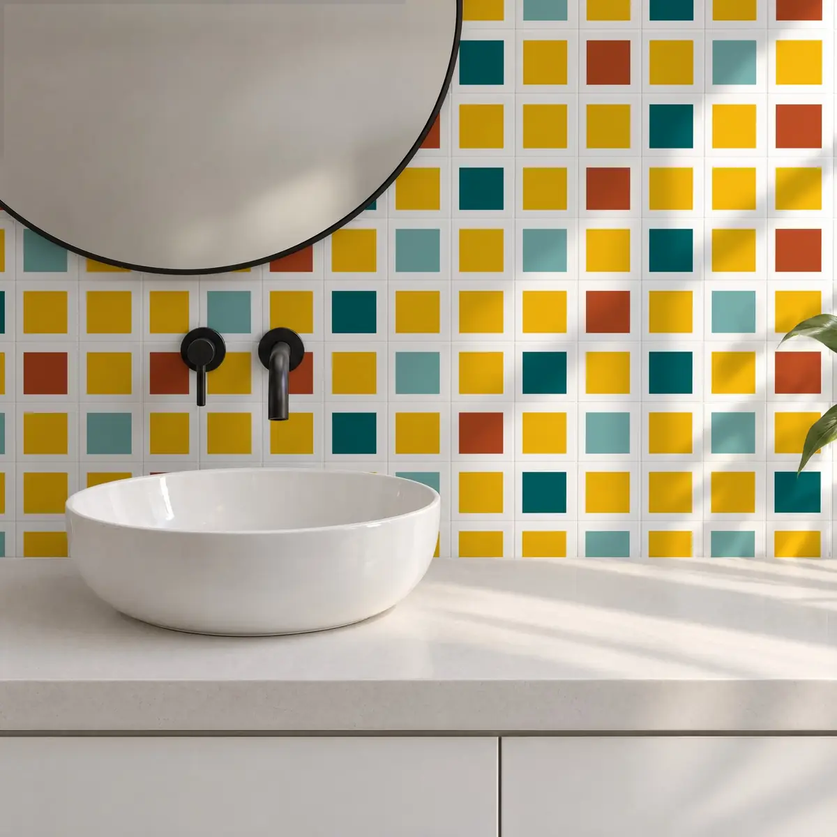 Baño alicatado con Azulejo Square Blanco Brillo 10x10 Mostaza combinado con otros colores
