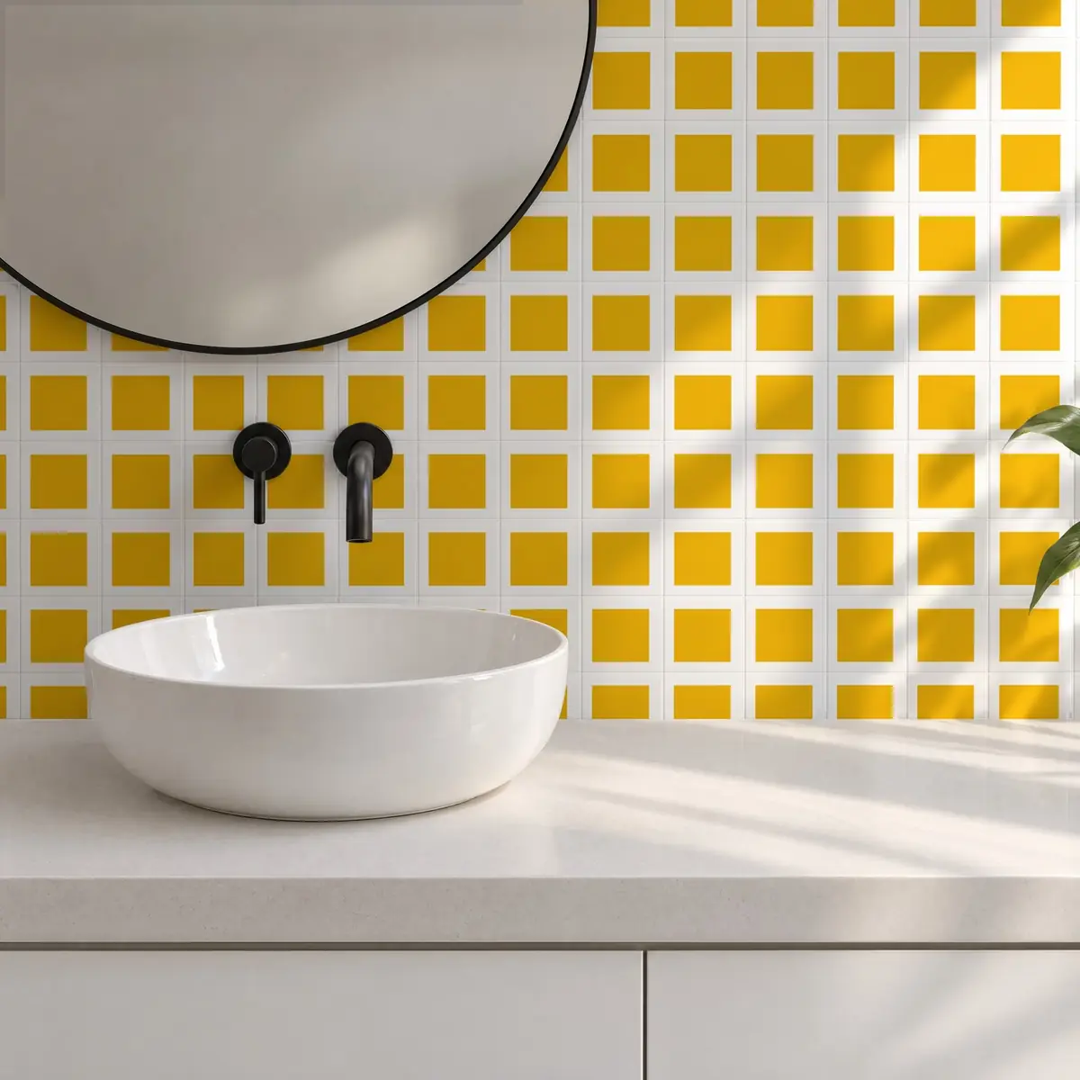 Baño alicatado con Azulejo Square Blanco Brillo 10x10 Mostaza