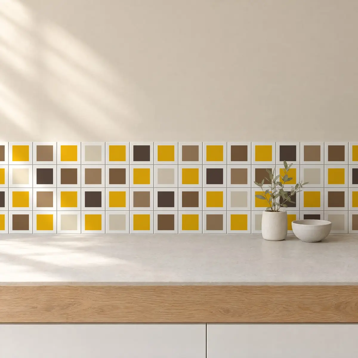 Cocina con Azulejo Square Blanco Brillo 10x10 Mostaza combinado con otros colores