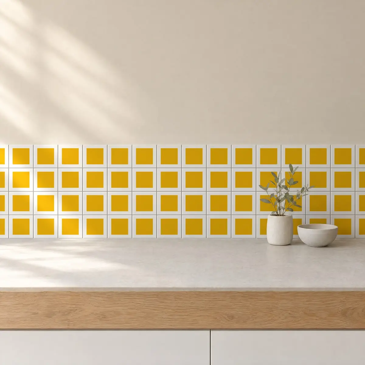 Cocina con Azulejo Square Blanco Brillo 10x10 Mostaza de frente de encimera