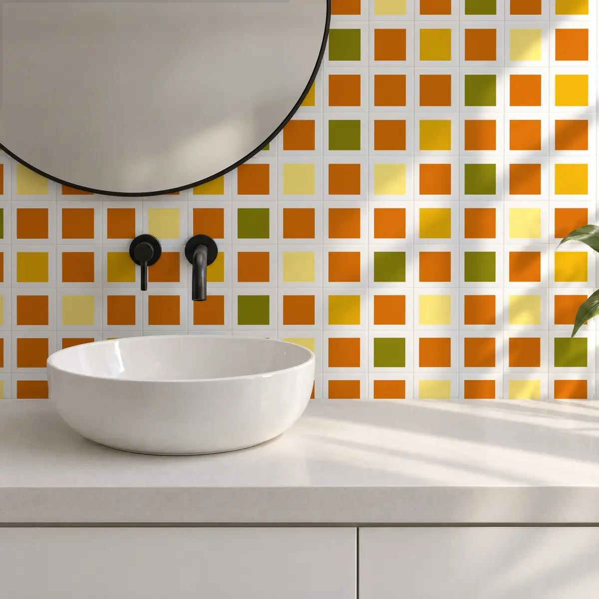 Baño alicatado con Azulejo Square Blanco Brillo 10x10 Naranja combinado con otros colores