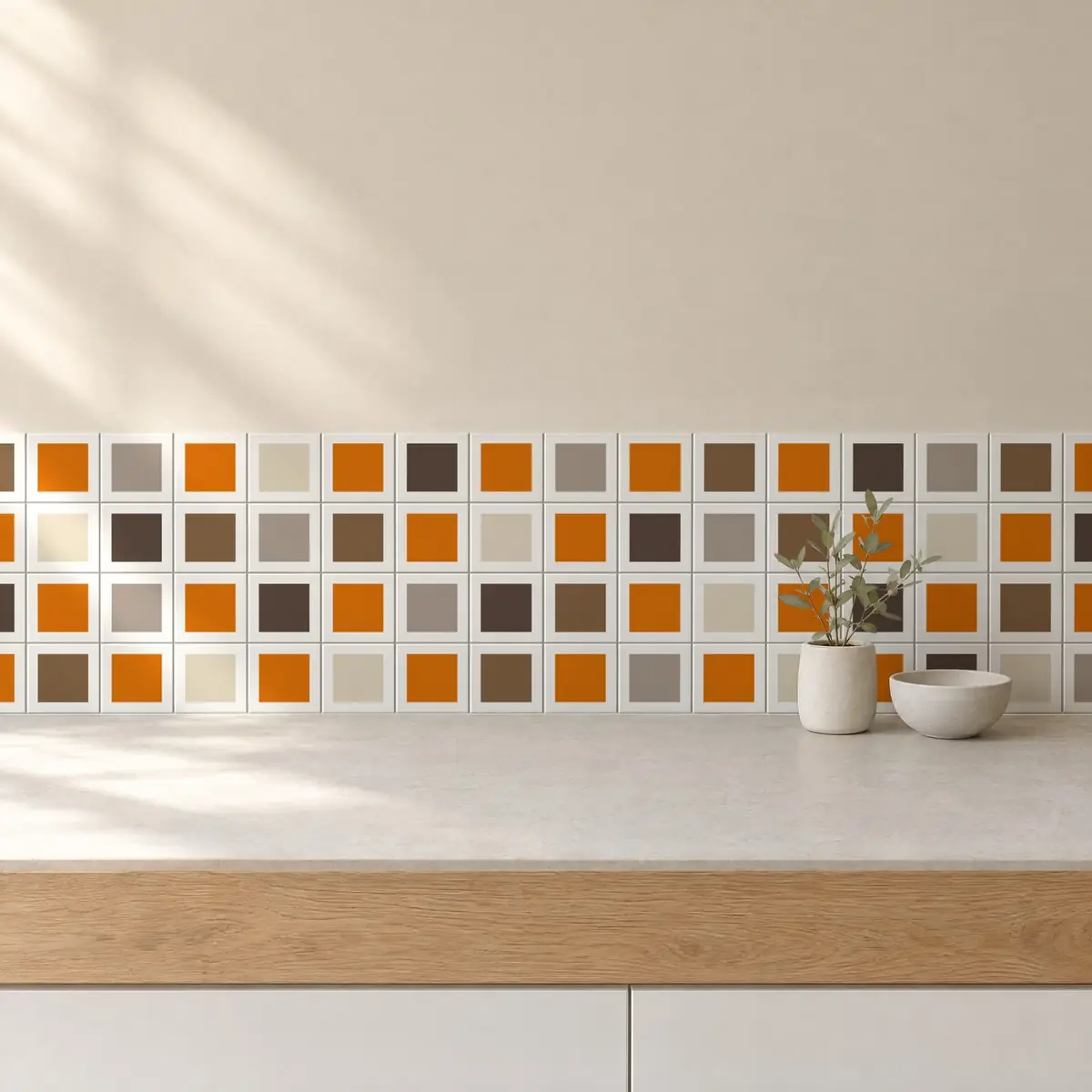 Cocina con Azulejo Square Blanco Brillo 10x10 Naranja combinado con otros colores