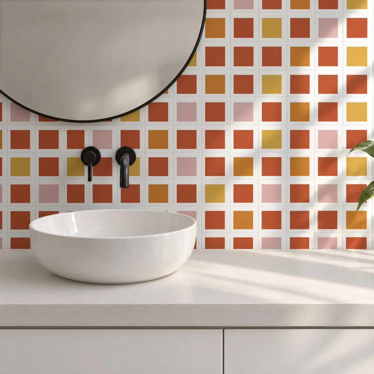 Baño alicatado con Azulejo Square Blanco Brillo 10x10 Naranja Coral combinado con otros colores