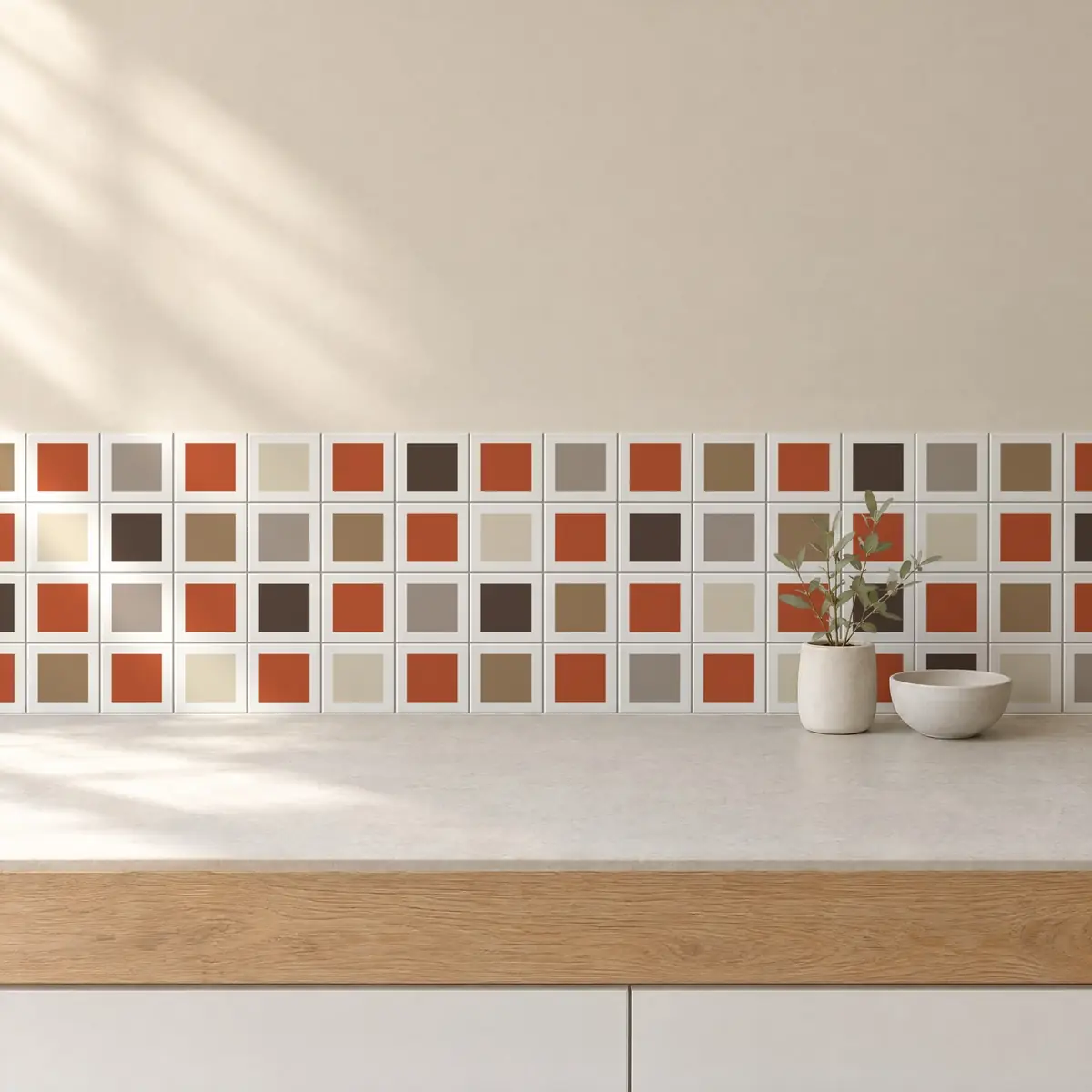 Cocina con Azulejo Square Blanco Brillo 10x10 Naranja Coral combinado con otros colores