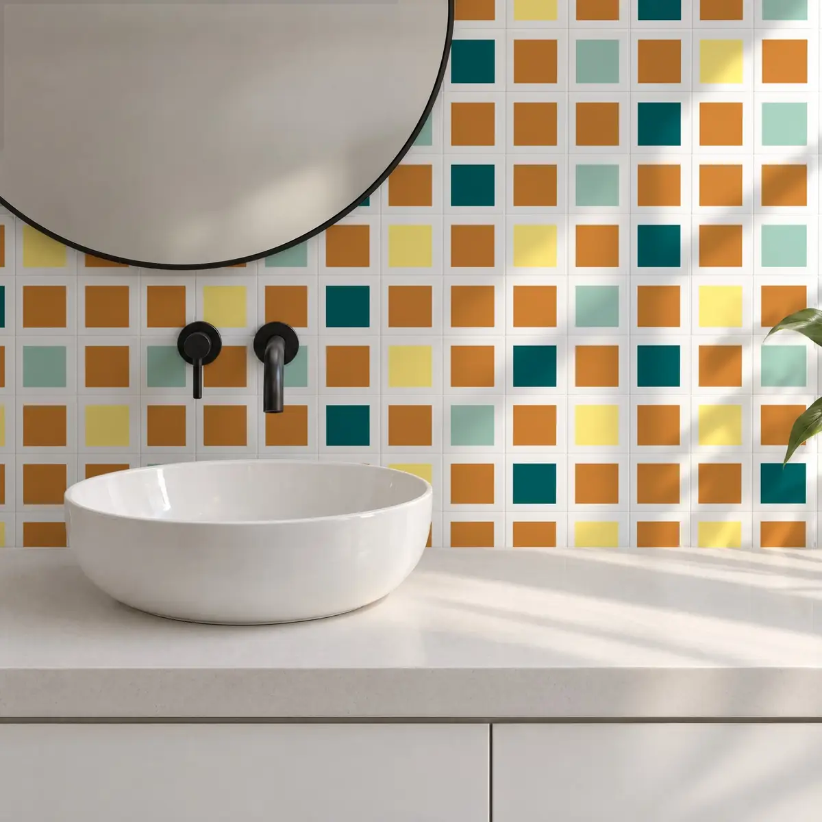 Baño alicatado con Azulejo Square Blanco Brillo 10x10 Naranja Mango combinado con otros colores