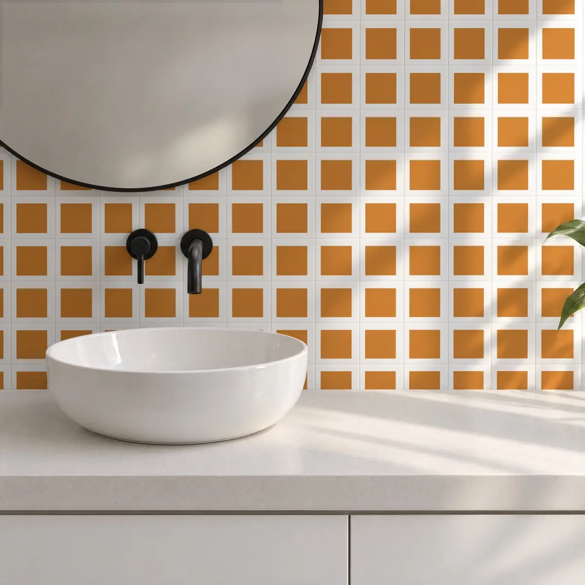 Baño alicatado con Azulejo Square Blanco Brillo 10x10 Naranja Mango