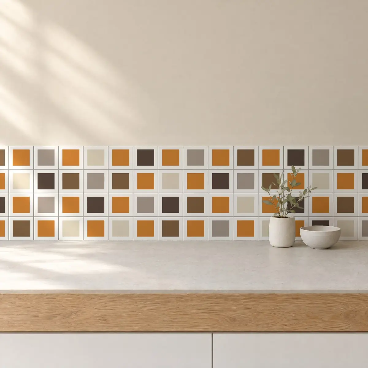 Cocina con Azulejo Square Blanco Brillo 10x10 Naranja Mango combinado con otros colores
