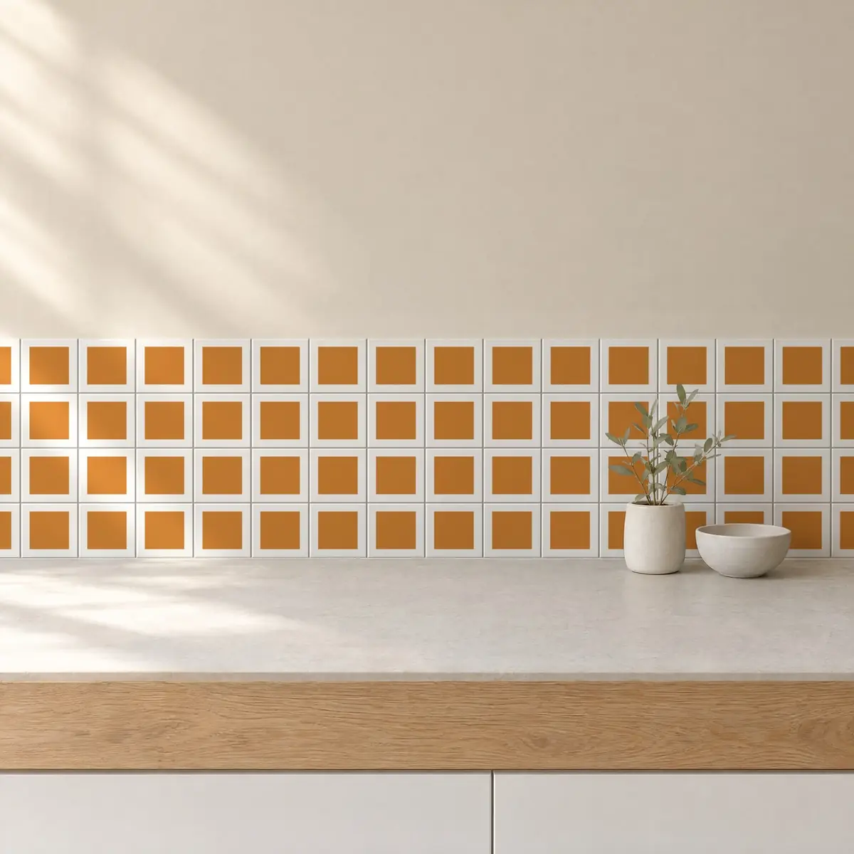 Cocina con Azulejo Square Blanco Brillo 10x10 Naranja Mango de frente de encimera