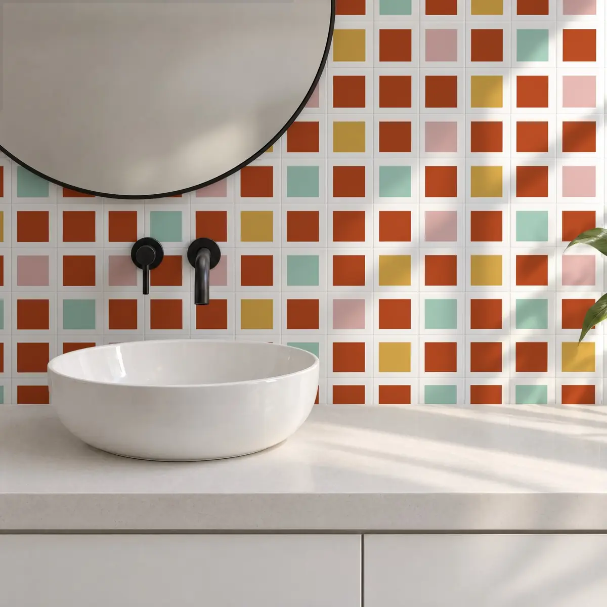 Baño alicatado con Azulejo Square Blanco Brillo 10x10 Naranja Oscuro combinado con otros colores