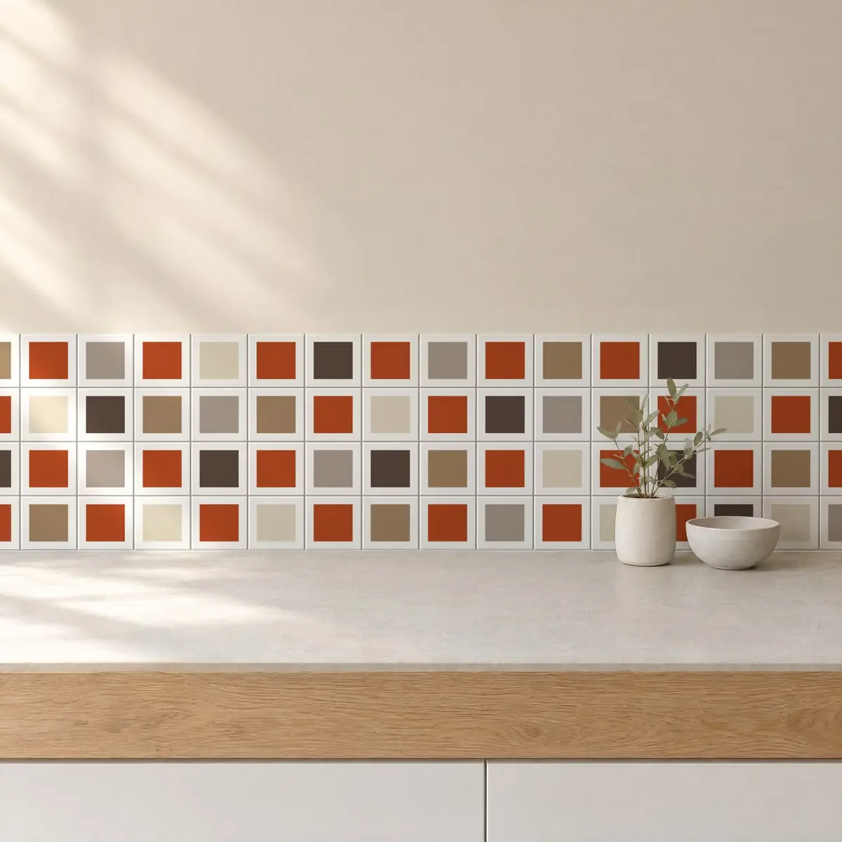 Cocina con Azulejo Square Blanco Brillo 10x10 Naranja Oscuro combinado con otros colores