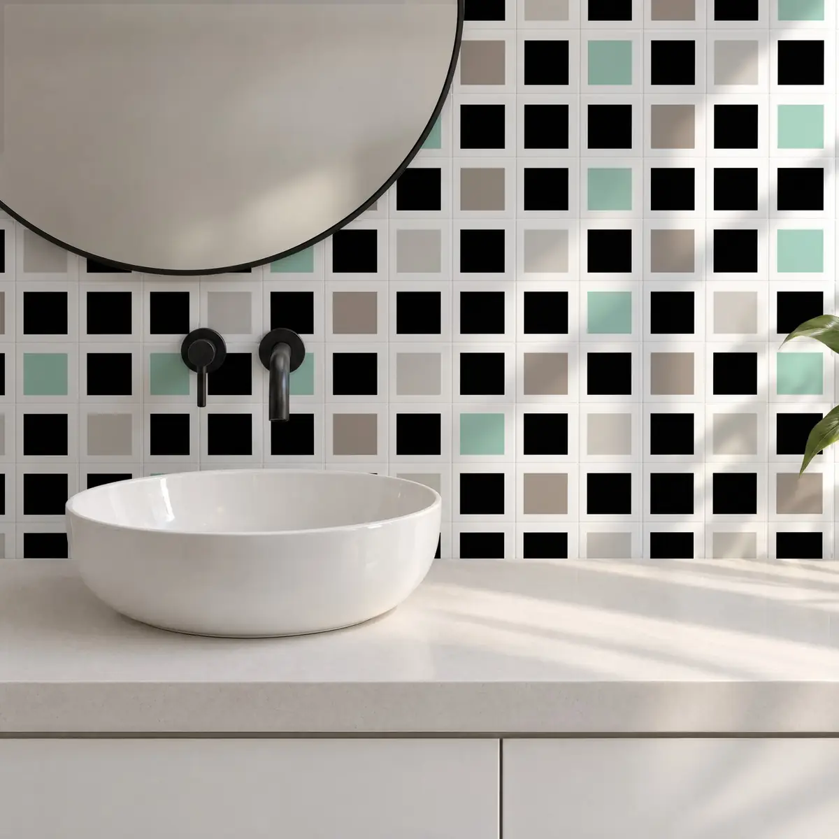 Baño alicatado con Azulejo Square Blanco Brillo 10x10 Negro combinado con otros colores