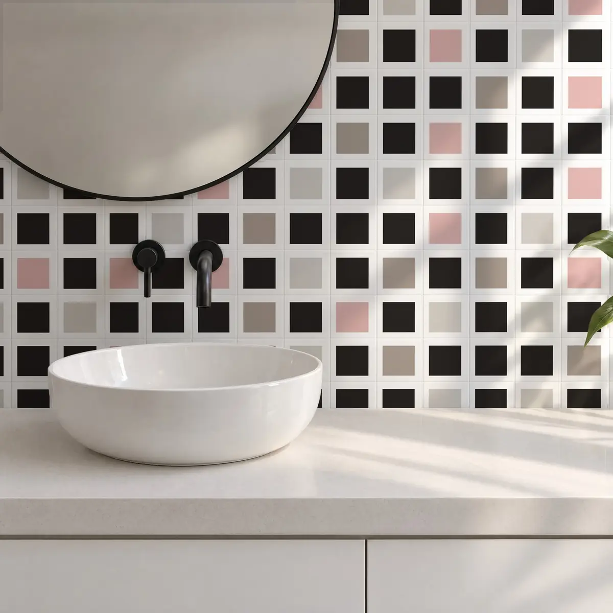 Baño alicatado con Azulejo Square Blanco Brillo 10x10 Negro Carbón combinado con otros colores