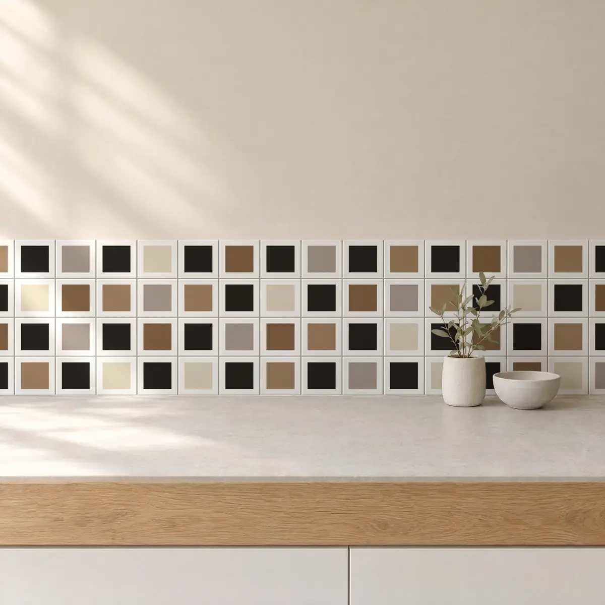 Cocina con Azulejo Square Blanco Brillo 10x10 Negro Carbón combinado con otros colores