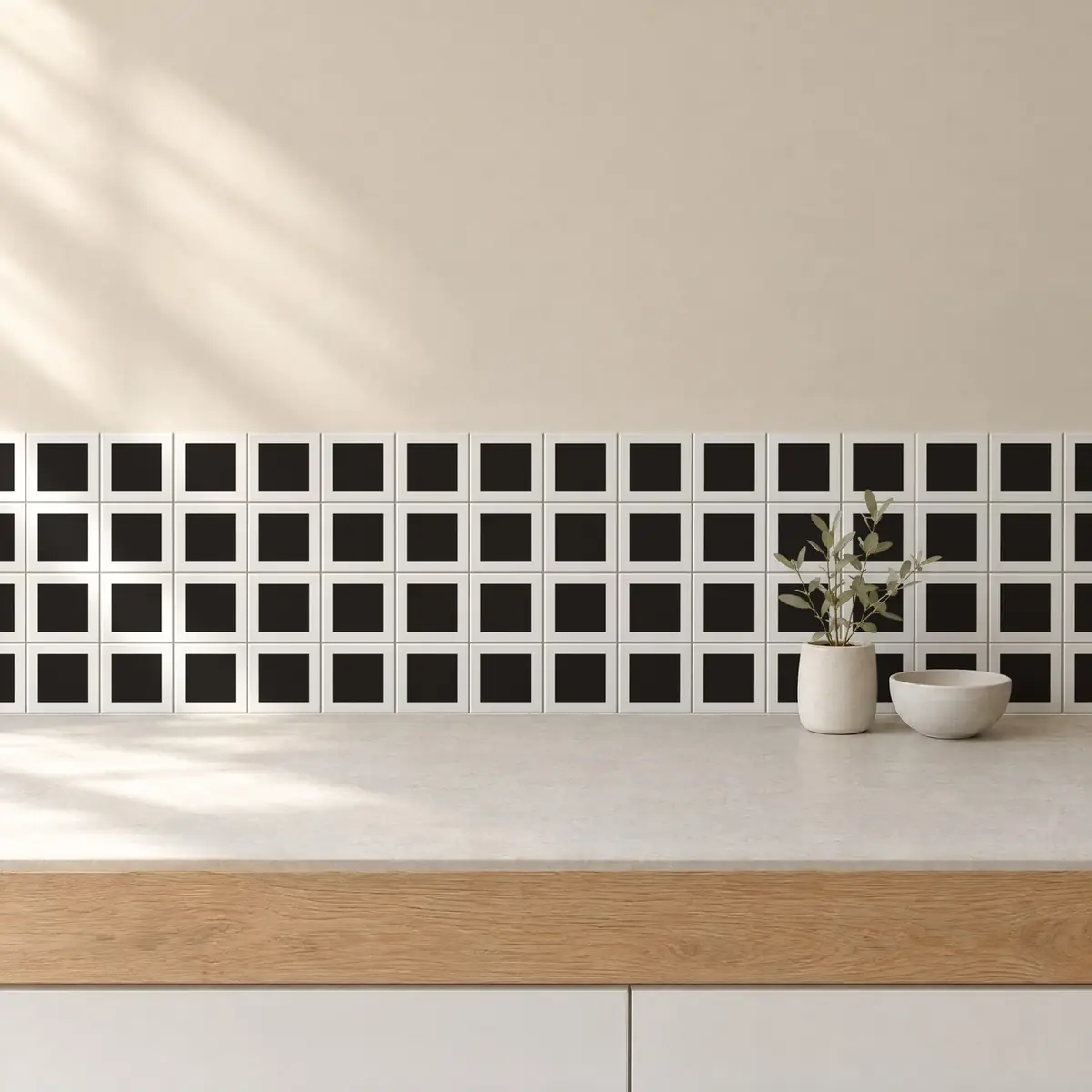 Cocina con Azulejo Square Blanco Brillo 10x10 Negro Carbón de frente de encimera