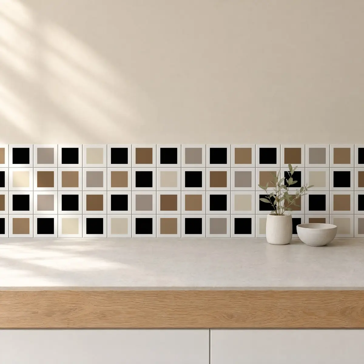 Cocina con Azulejo Square Blanco Brillo 10x10 Negro combinado con otros colores