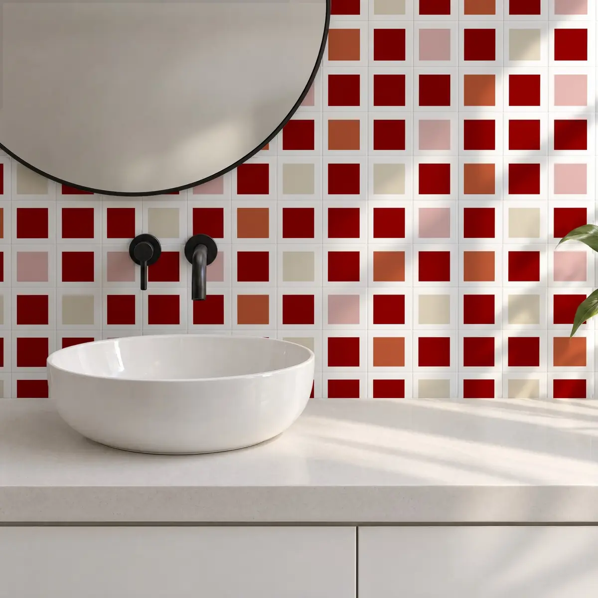 Baño alicatado con Azulejo Square Blanco Brillo 10x10 Rojo combinado con otros colores