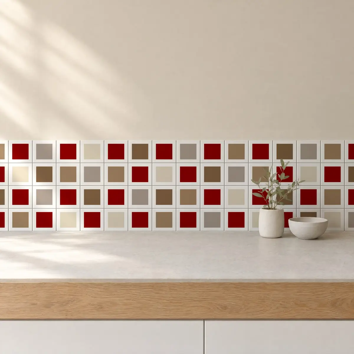 Cocina con Azulejo Square Blanco Brillo 10x10 Rojo combinado con otros colores