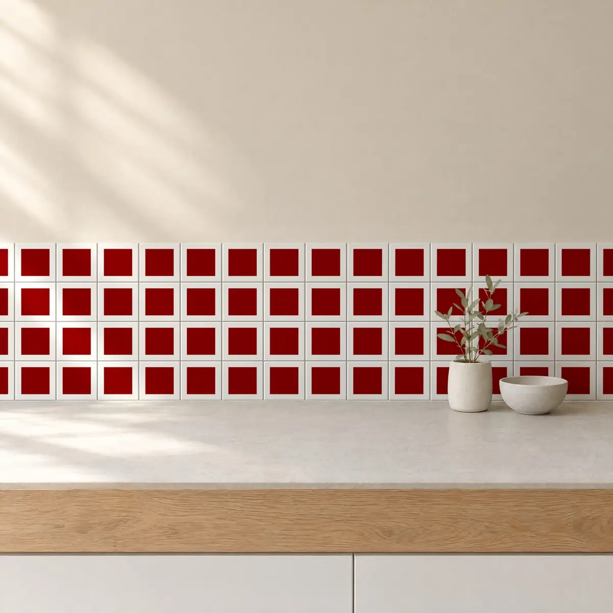 Cocina con Azulejo Square Blanco Brillo 10x10 Rojo de frente de encimera