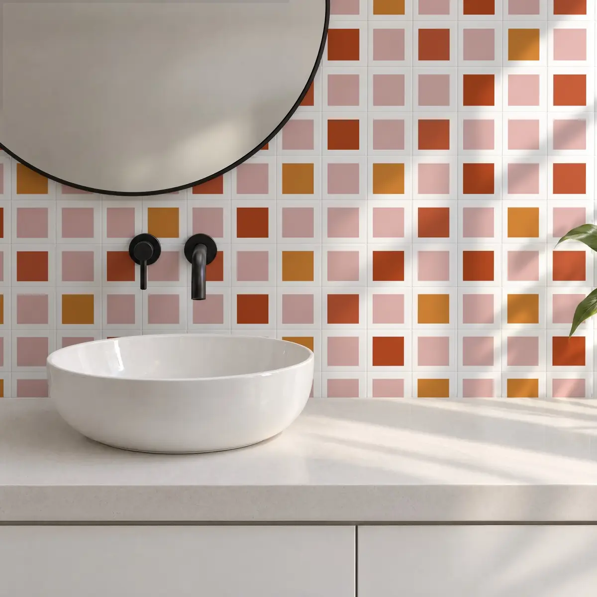 Baño alicatado con Azulejo Square Blanco Brillo 10x10 Rosa combinado con otros colores