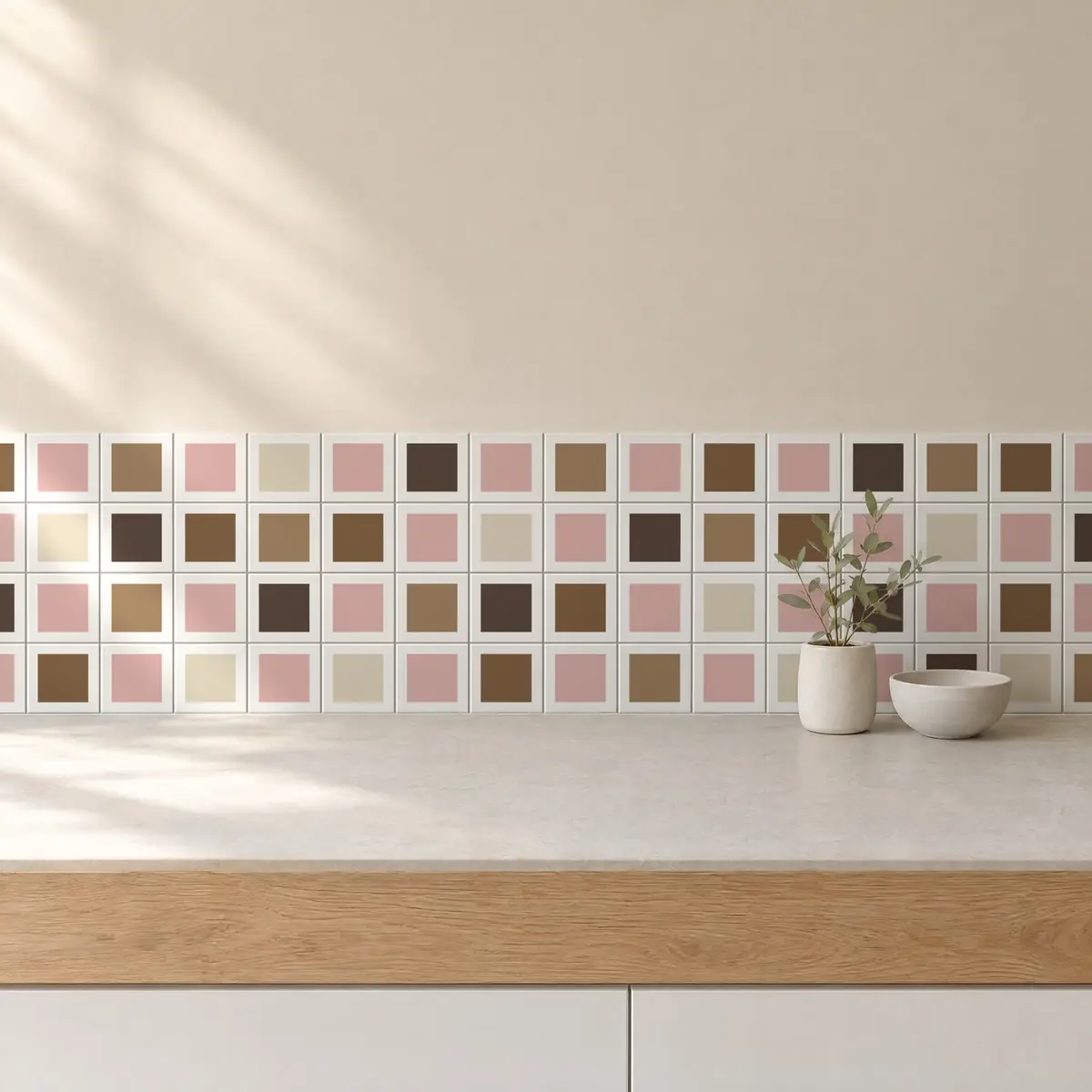 Cocina con Azulejo Square Blanco Brillo 10x10 Rosa combinado con otros colores