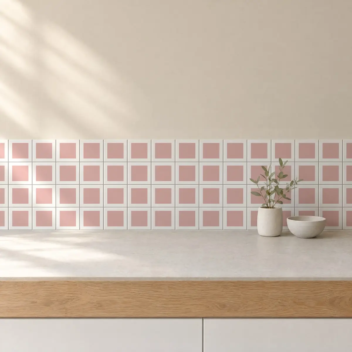 Cocina con Azulejo Square Blanco Brillo 10x10 Rosa de frente de encimera