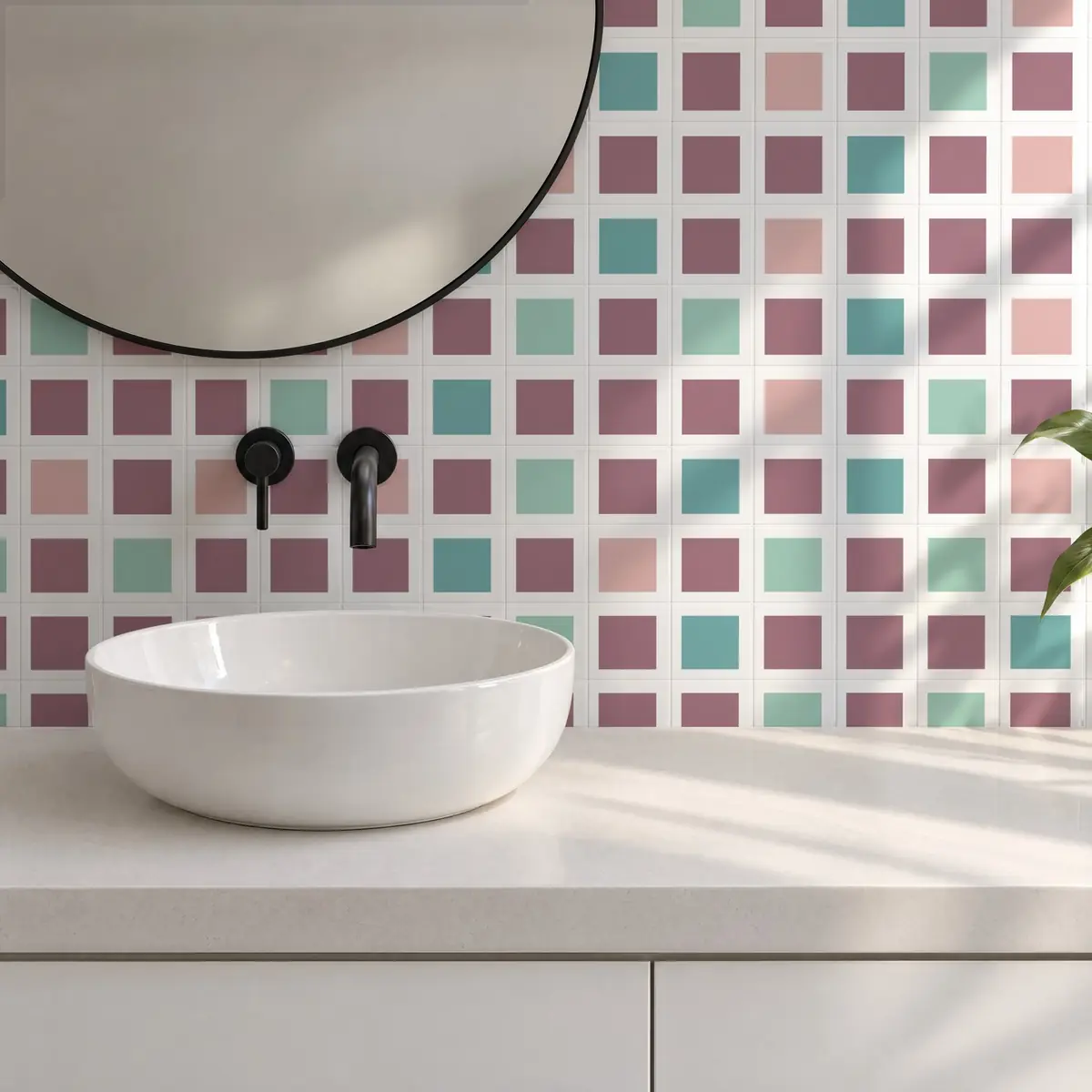 Baño alicatado con Azulejo Square Blanco Brillo 10x10 Rosa Malva combinado con otros colores