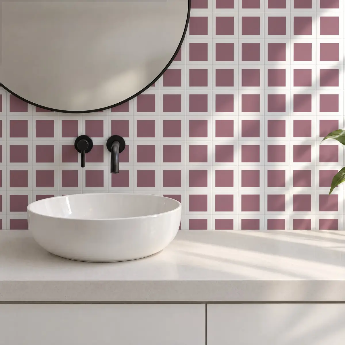 Baño alicatado con Azulejo Square Blanco Brillo 10x10 Rosa Malva