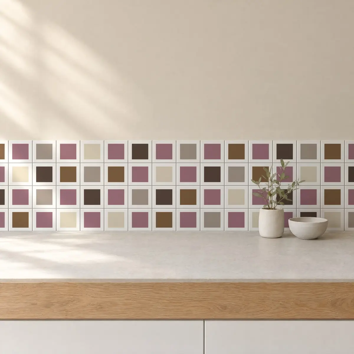 Cocina con Azulejo Square Blanco Brillo 10x10 Rosa Malva combinado con otros colores