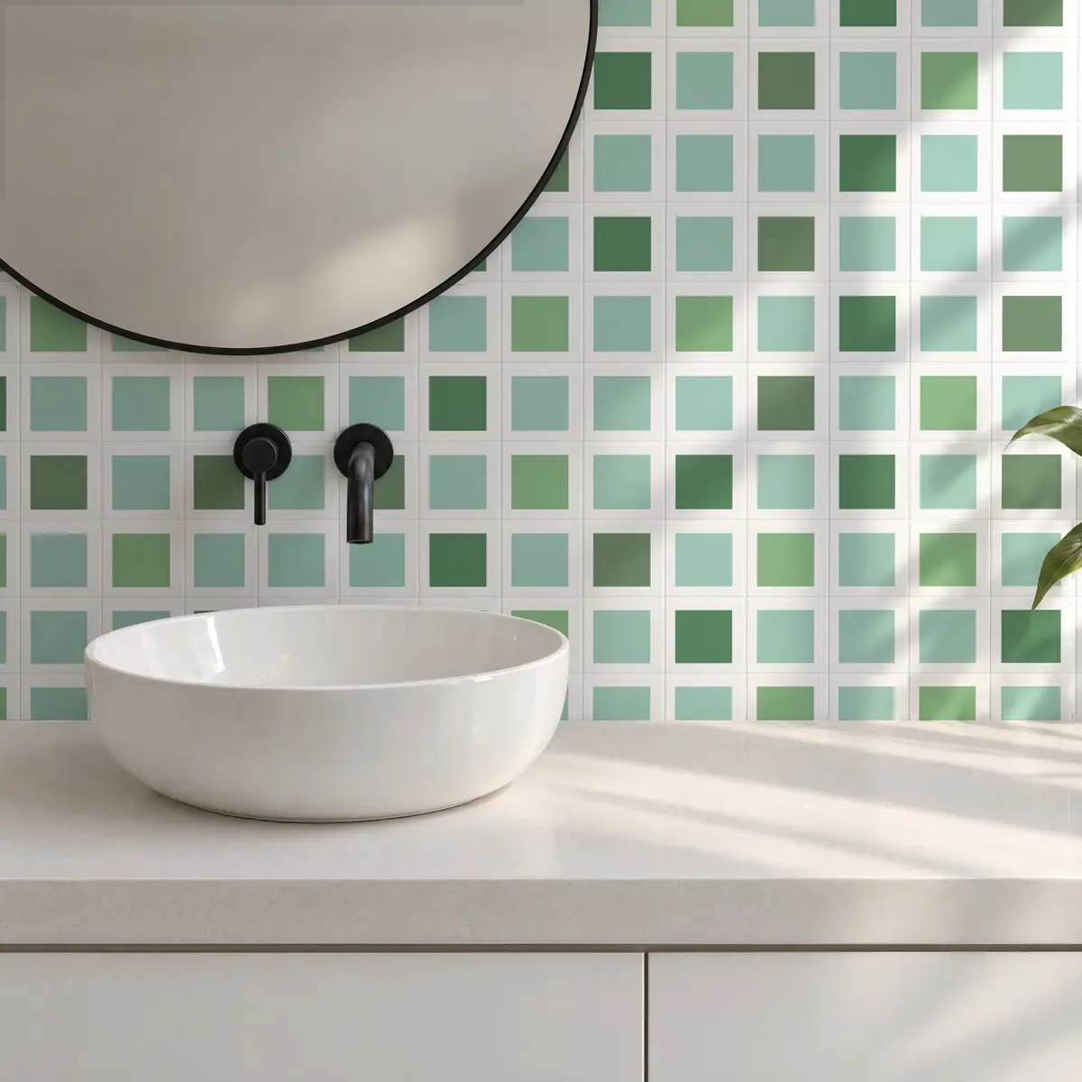 Baño alicatado con Azulejo Square Blanco Mate 10x10 Verde Agua combinado con otros colores