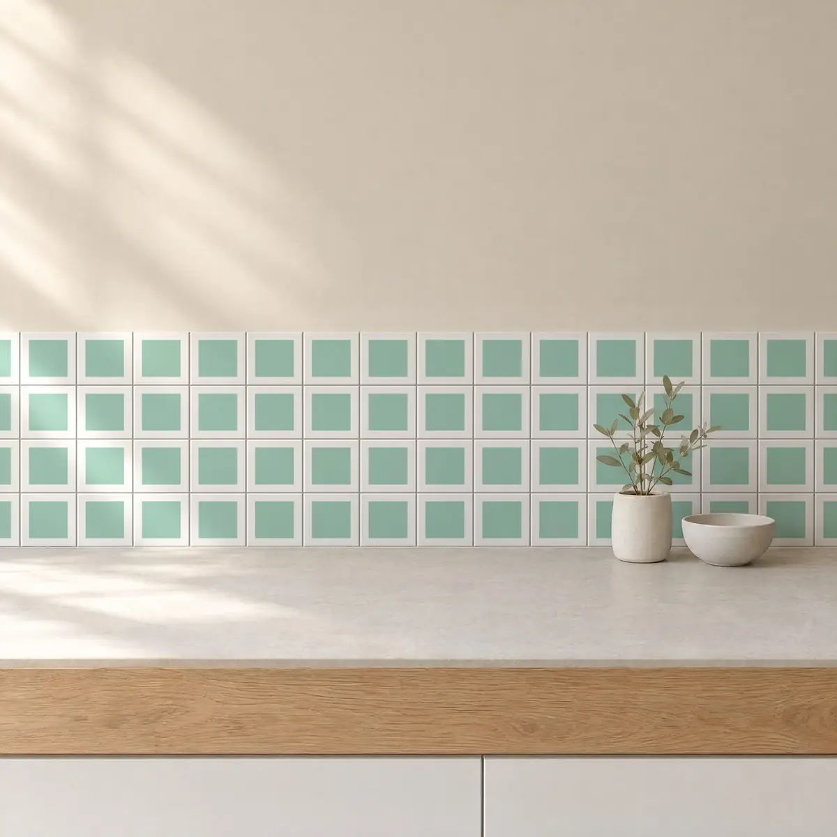 Cocina con Azulejo Square Blanco Mate 10x10 Verde Agua de frente de encimera
