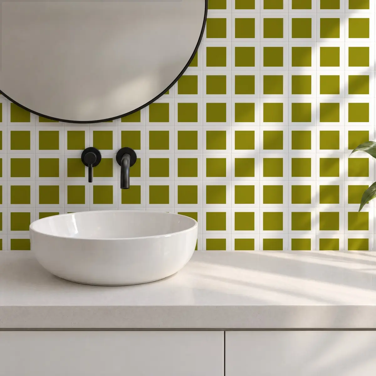 Baño alicatado con Azulejo Square Blanco Brillo 10x10 Verde Aguacate