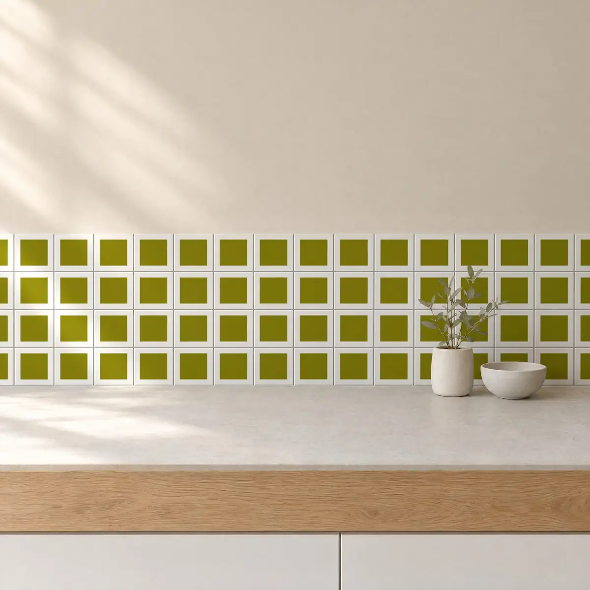 Cocina con Azulejo Square Blanco Brillo 10x10 Verde Aguacate de frente de encimera