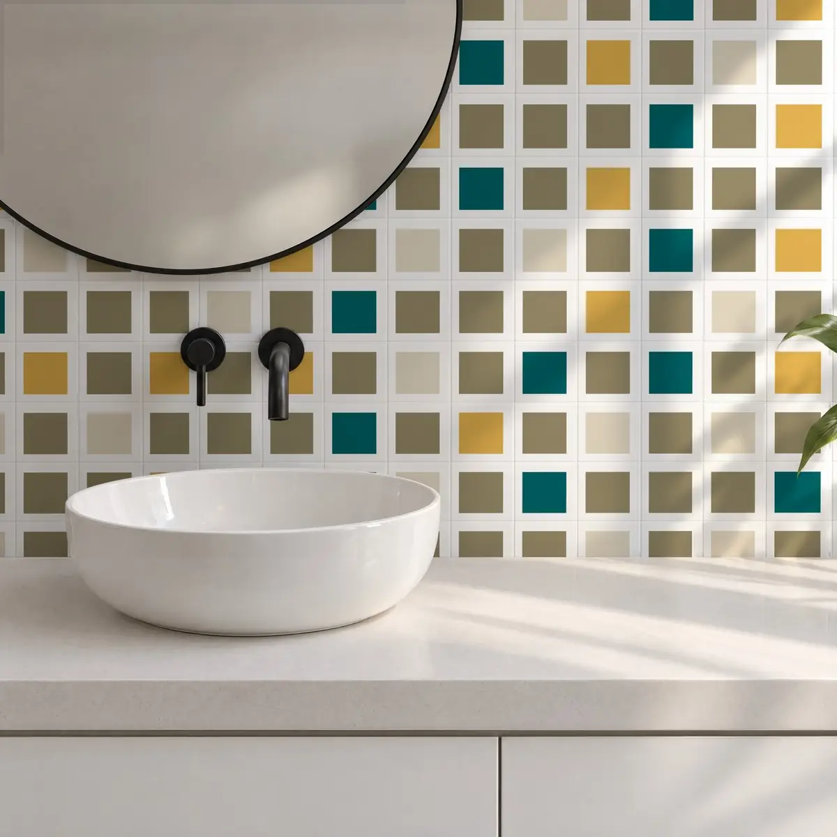 Baño alicatado con Azulejo Square Blanco Brillo 10x10 Verde combinado con otros colores