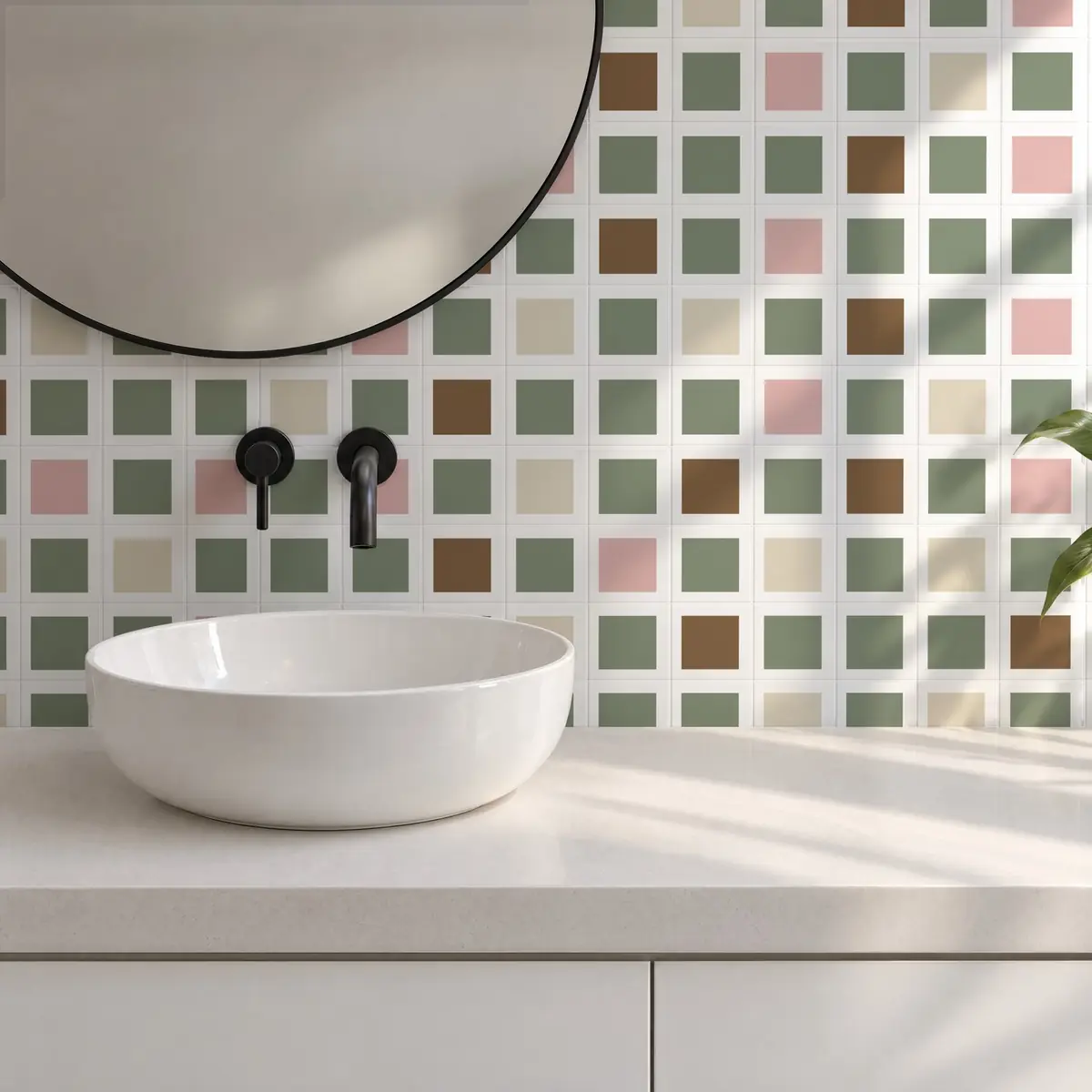 Baño alicatado con Azulejo Square Blanco Brillo 10x10 Verde Caqui combinado con otros colores