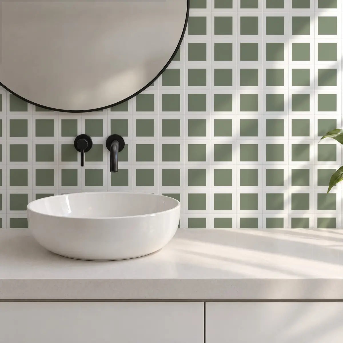 Baño alicatado con Azulejo Square Blanco Brillo 10x10 Verde Caqui