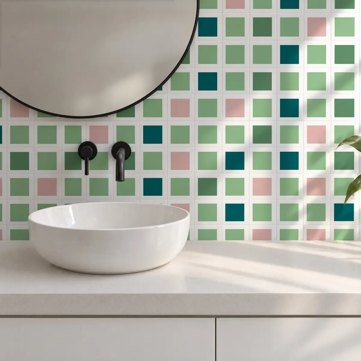 Baño alicatado con Azulejo Square Blanco Brillo 10x10 Verde Claro combinado con otros colores