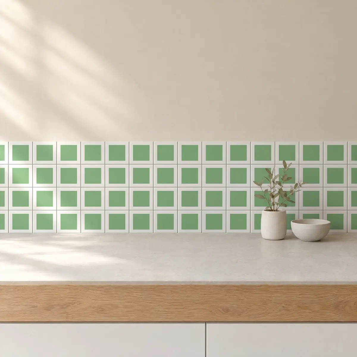 Cocina con Azulejo Square Blanco Brillo 10x10 Verde Claro de frente de encimera