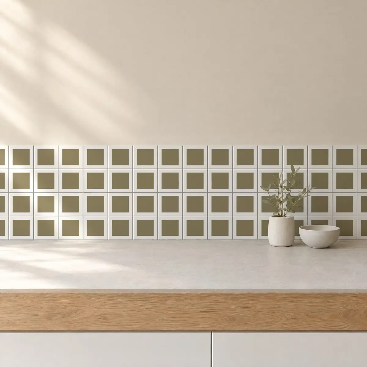 Cocina con Azulejo Square Blanco Brillo 10x10 Verde de frente de encimera