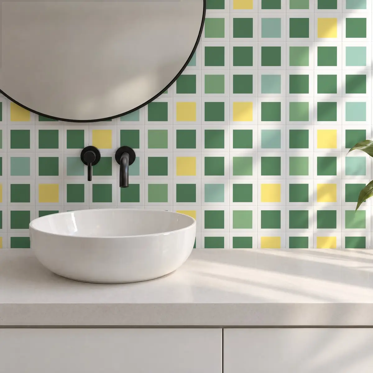 Baño alicatado con Azulejo Square Blanco Brillo 10x10 Verde Eucalipto combinado con otros colores