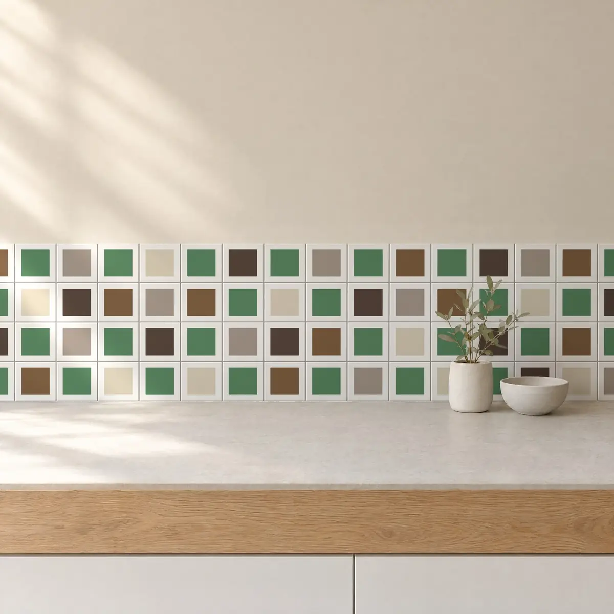 Cocina con Azulejo Square Blanco Brillo 10x10 Verde Eucalipto combinado con otros colores