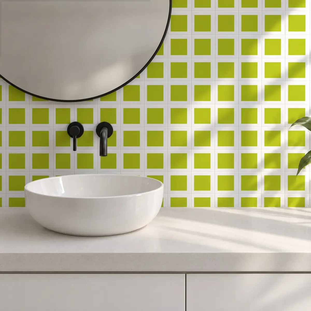 Baño alicatado con Azulejo Square Blanco Brillo 10x10 Verde Musgo