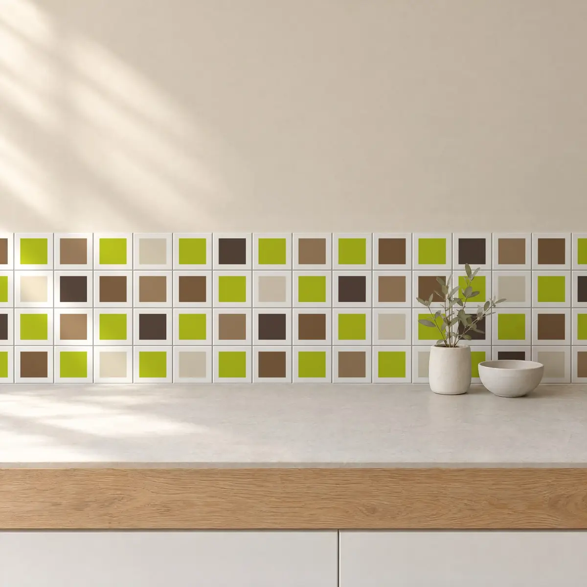 Cocina con Azulejo Square Blanco Brillo 10x10 Verde Musgo combinado con otros colores