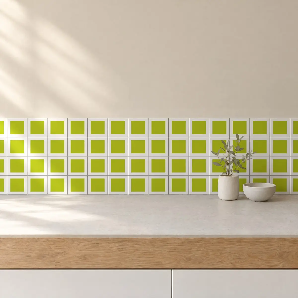 Cocina con Azulejo Square Blanco Brillo 10x10 Verde Musgo de frente de encimera