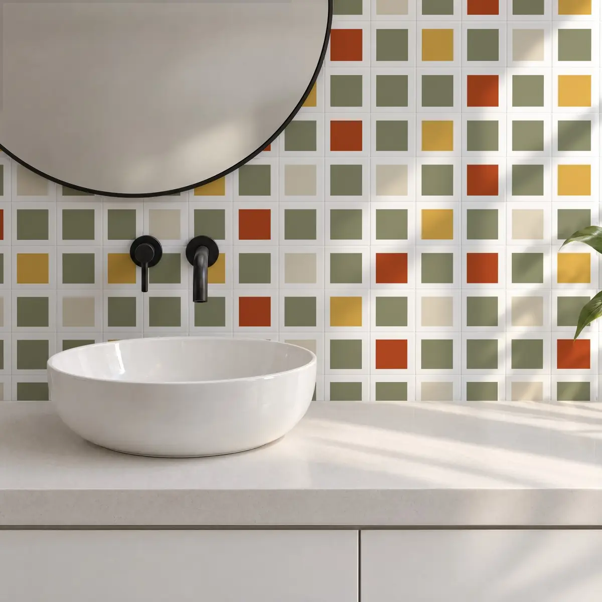 Baño alicatado con Azulejo Square Blanco Brillo 10x10 Verde Oliva combinado con otros colores