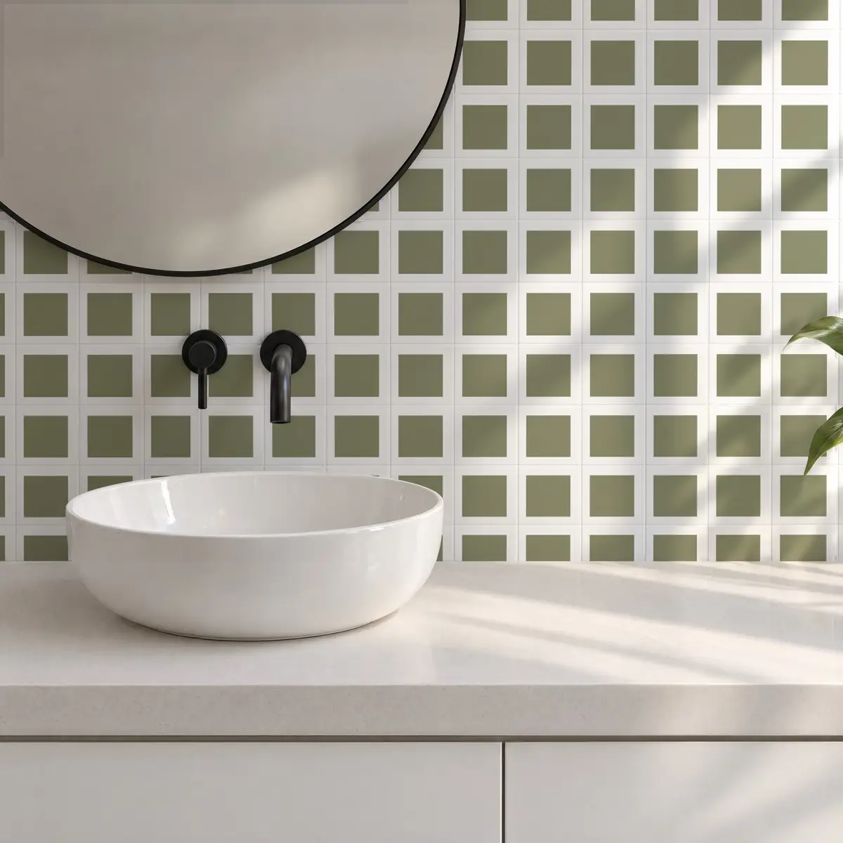 Baño alicatado con Azulejo Square Blanco Brillo 10x10 Verde Oliva