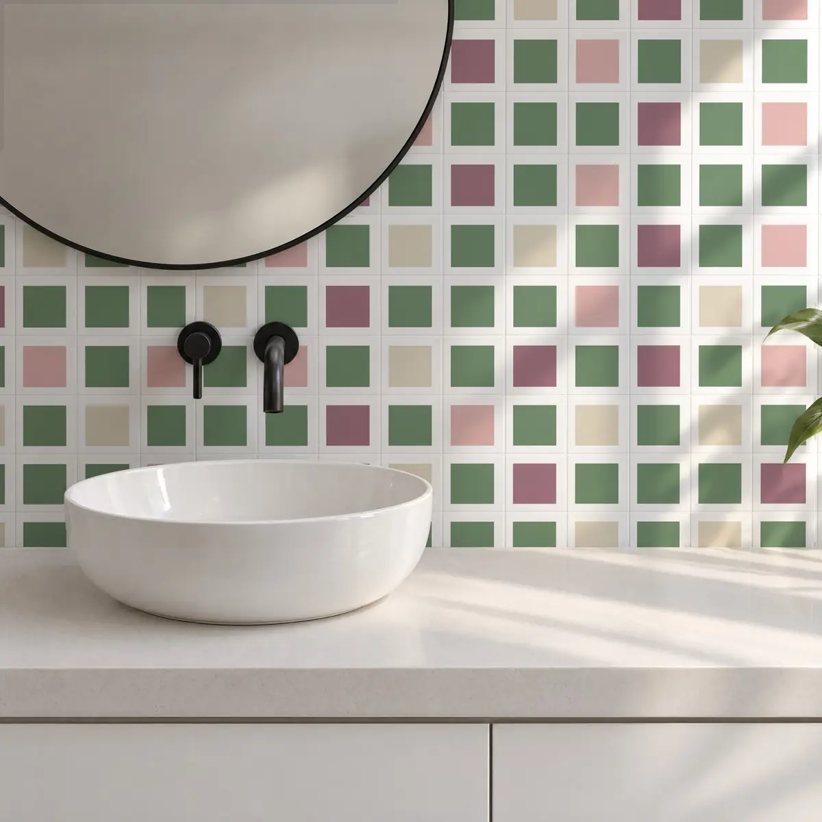 Baño alicatado con Azulejo Square Blanco Brillo 10x10 Verde Oscuro combinado con otros colores