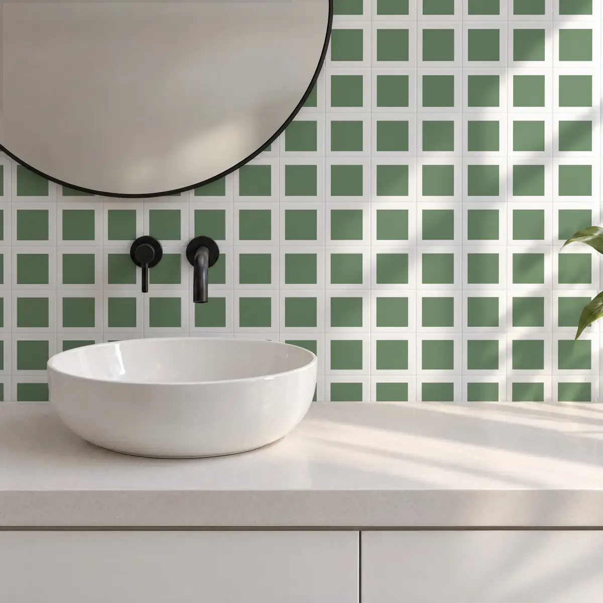 Baño alicatado con Azulejo Square Blanco Brillo 10x10 Verde Oscuro