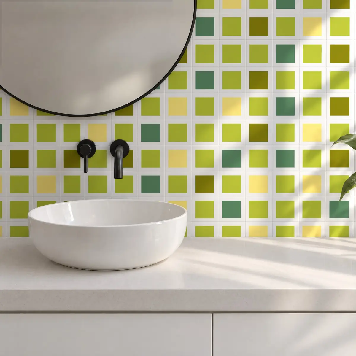 Baño alicatado con Azulejo Square Blanco Brillo 10x10 Verde Pera combinado con otros colores