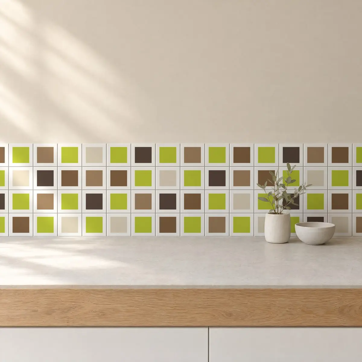 Cocina con Azulejo Square Blanco Brillo 10x10 Verde Pera combinado con otros colores