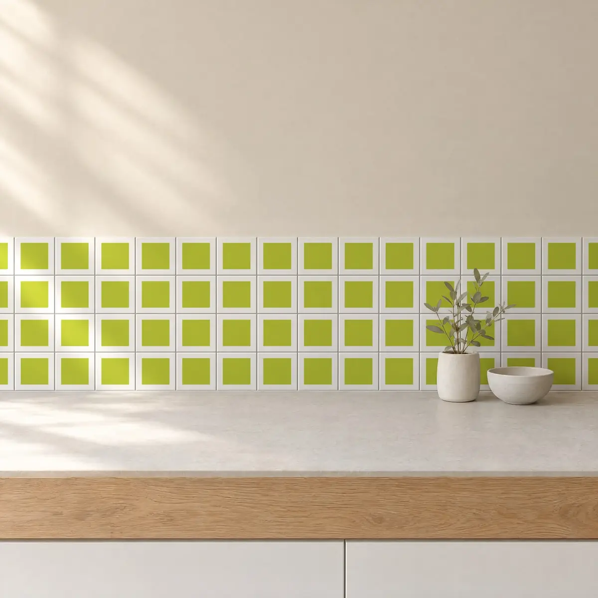 Cocina con Azulejo Square Blanco Brillo 10x10 Verde Pera de frente de encimera